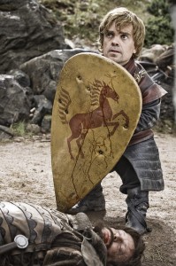 Tyrion Lannister with a shield from HBO's GAME OF THRONES